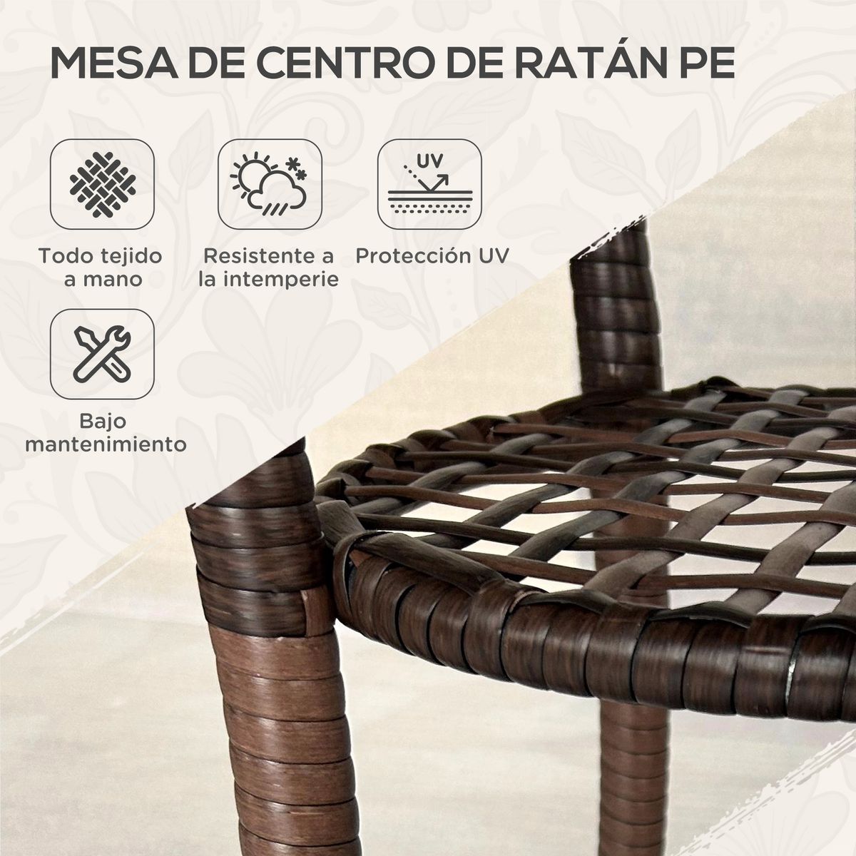 Mesa de exterior Palmer Outsunny con estante marrón Ø64x71 cm detalles estante