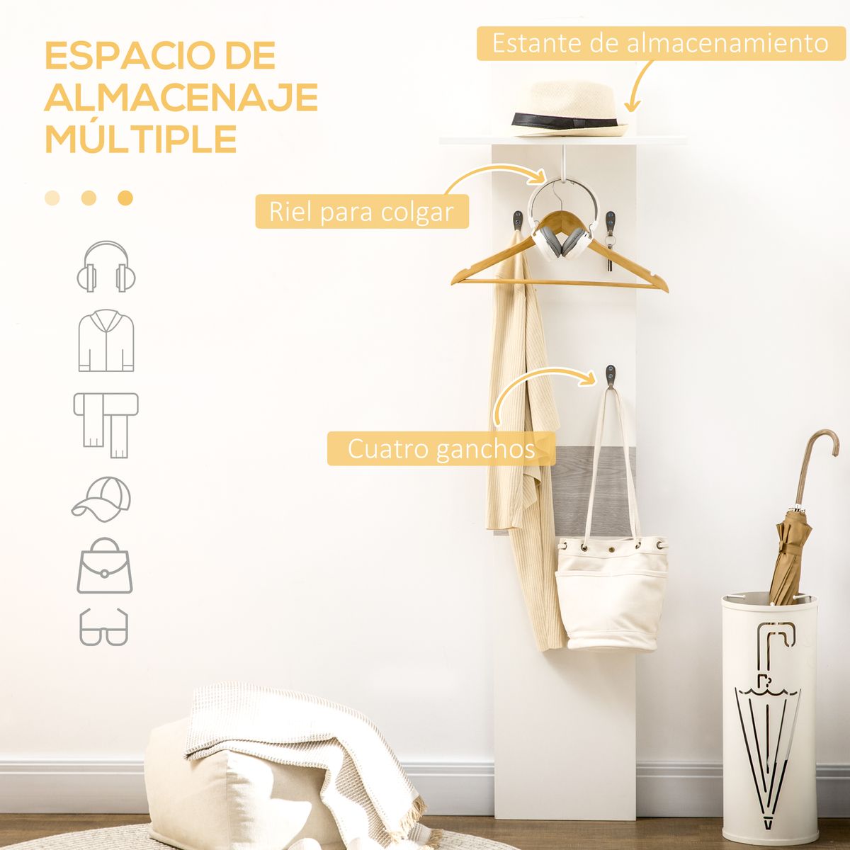 Perchero de pared Oddi Homcom 4 ganchos + estante con barra blanco 60x50x23,5 cm animada