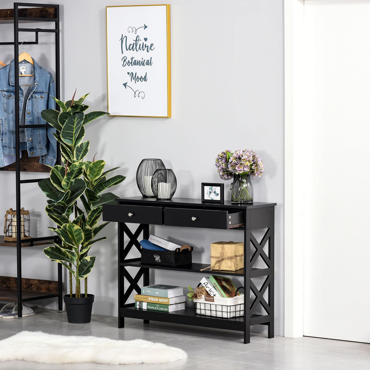 Consola recibidor Bals Homcom 2 cajones + 2 estantes negro 80x100x30,5 cm animada