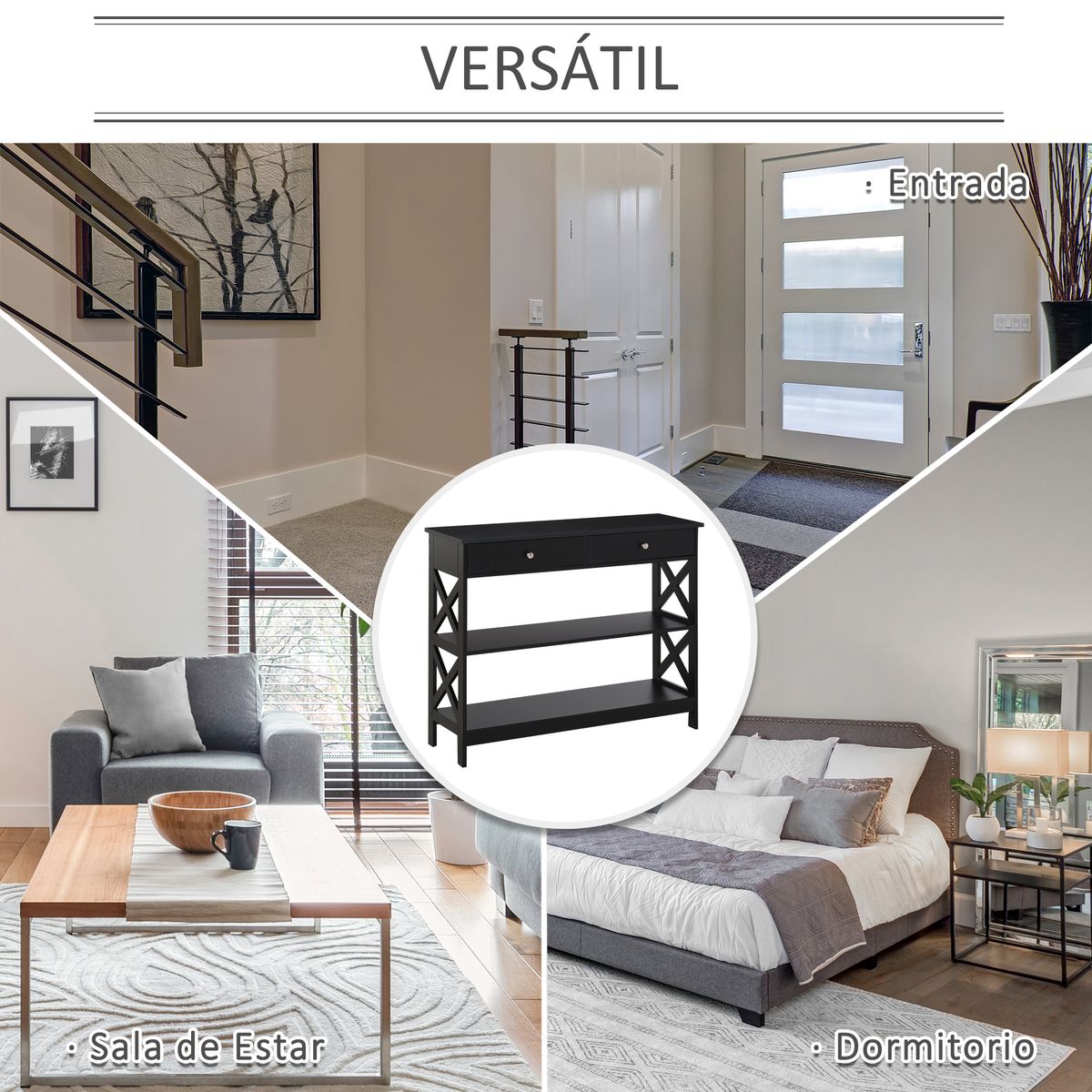 Consola recibidor Bals Homcom 2 cajones + 2 estantes negro 80x100x30,5 cm web