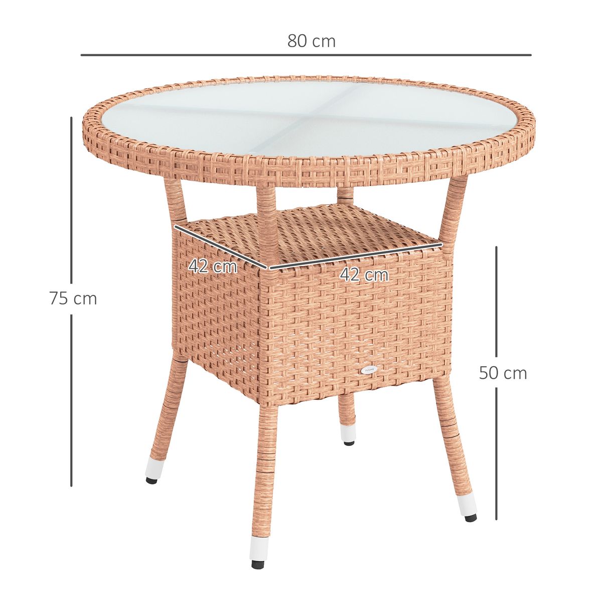 Mesa de exterior Calima Outsunny con estante natural Ø80x75 cm medidas