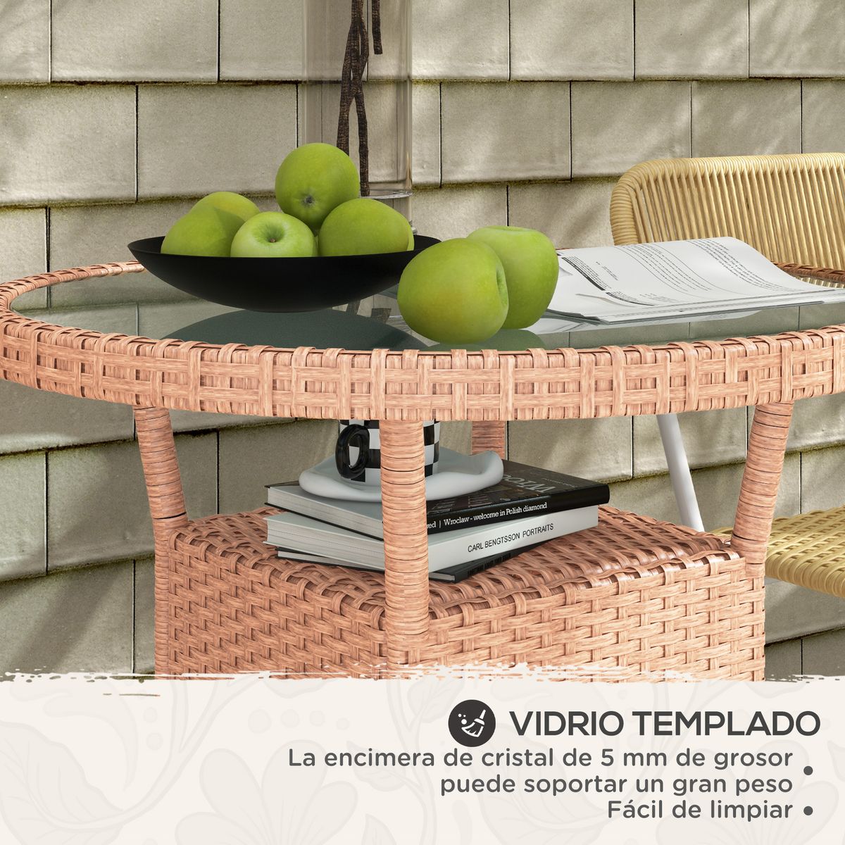 Mesa de exterior Calima Outsunny con estante natural Ø80x75 cm detalle mesa