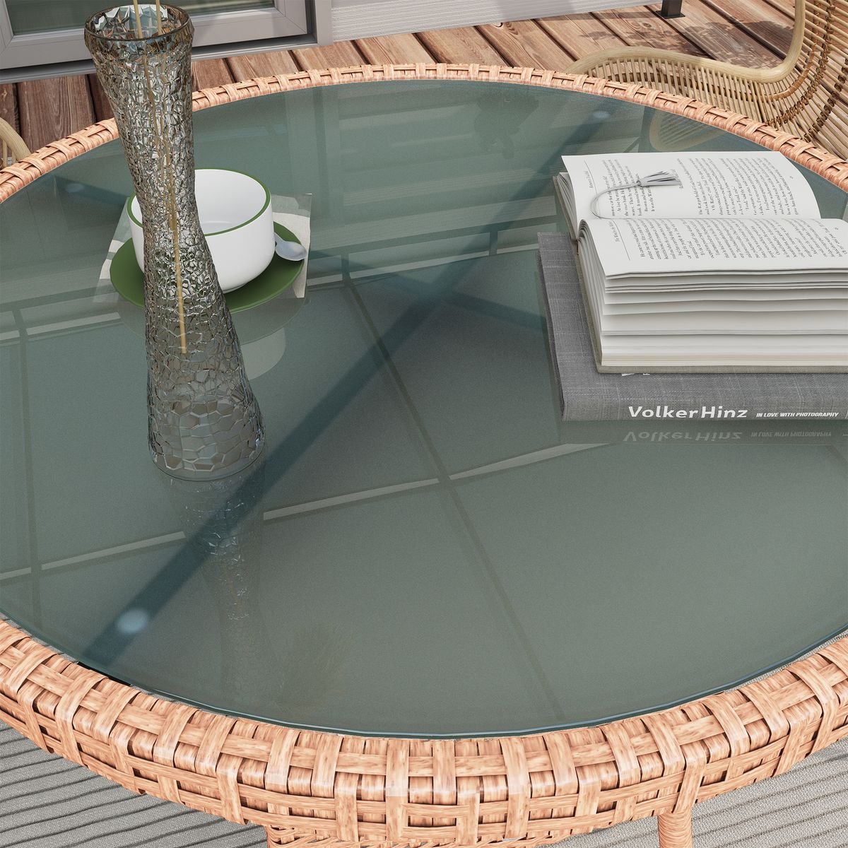 Mesa de exterior Calima Outsunny con estante natural Ø80x75 cm detalle