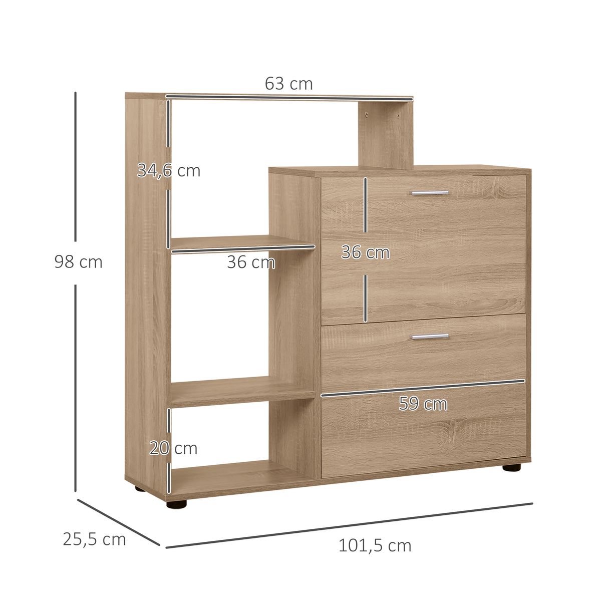 Mueble zapatero Nueva Delhi Homcom 2 puertas + estantes natural 98x101,5x25,5 cm 3