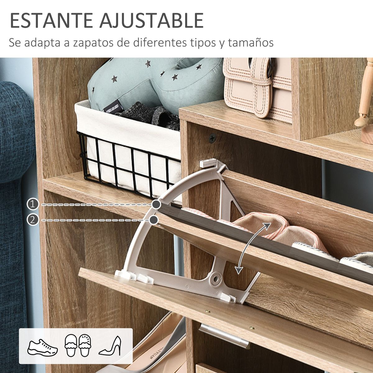 Mueble zapatero Nueva Delhi Homcom 2 puertas + estantes natural 98x101,5x25,5 cm 5