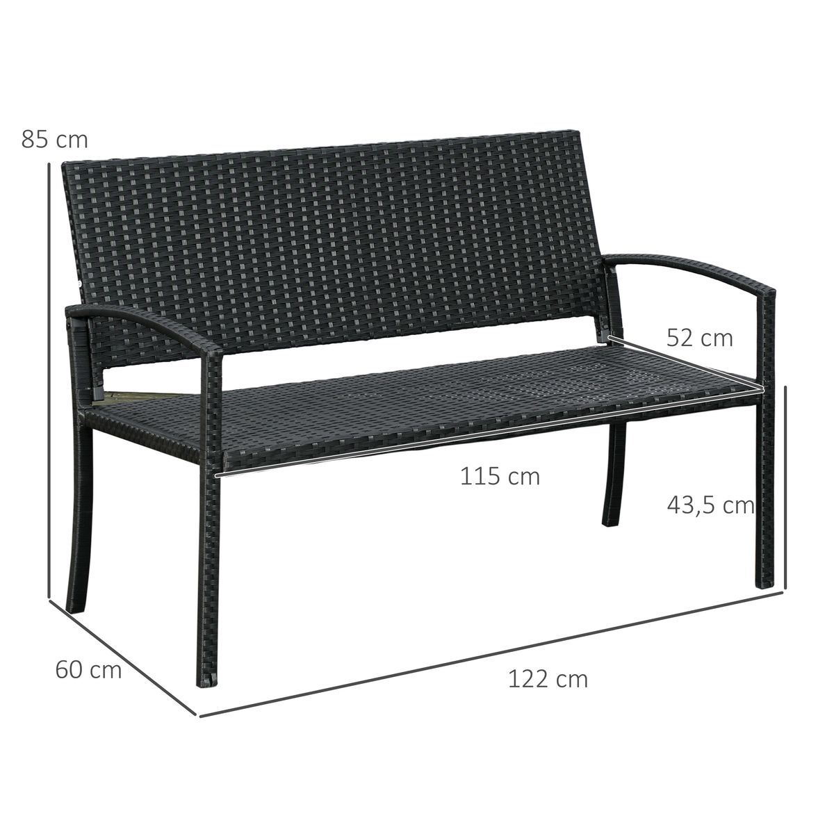Banco de jardín Lounge Outsunny 2 plazas negro 85x122x60 cm medidas