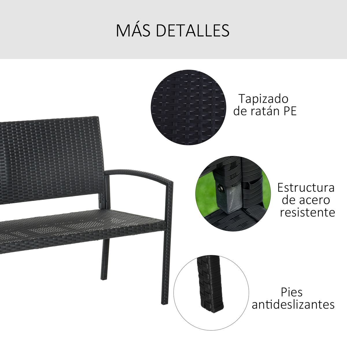 Banco de jardín Lounge Outsunny 2 plazas negro 85x122x60 cm detalle