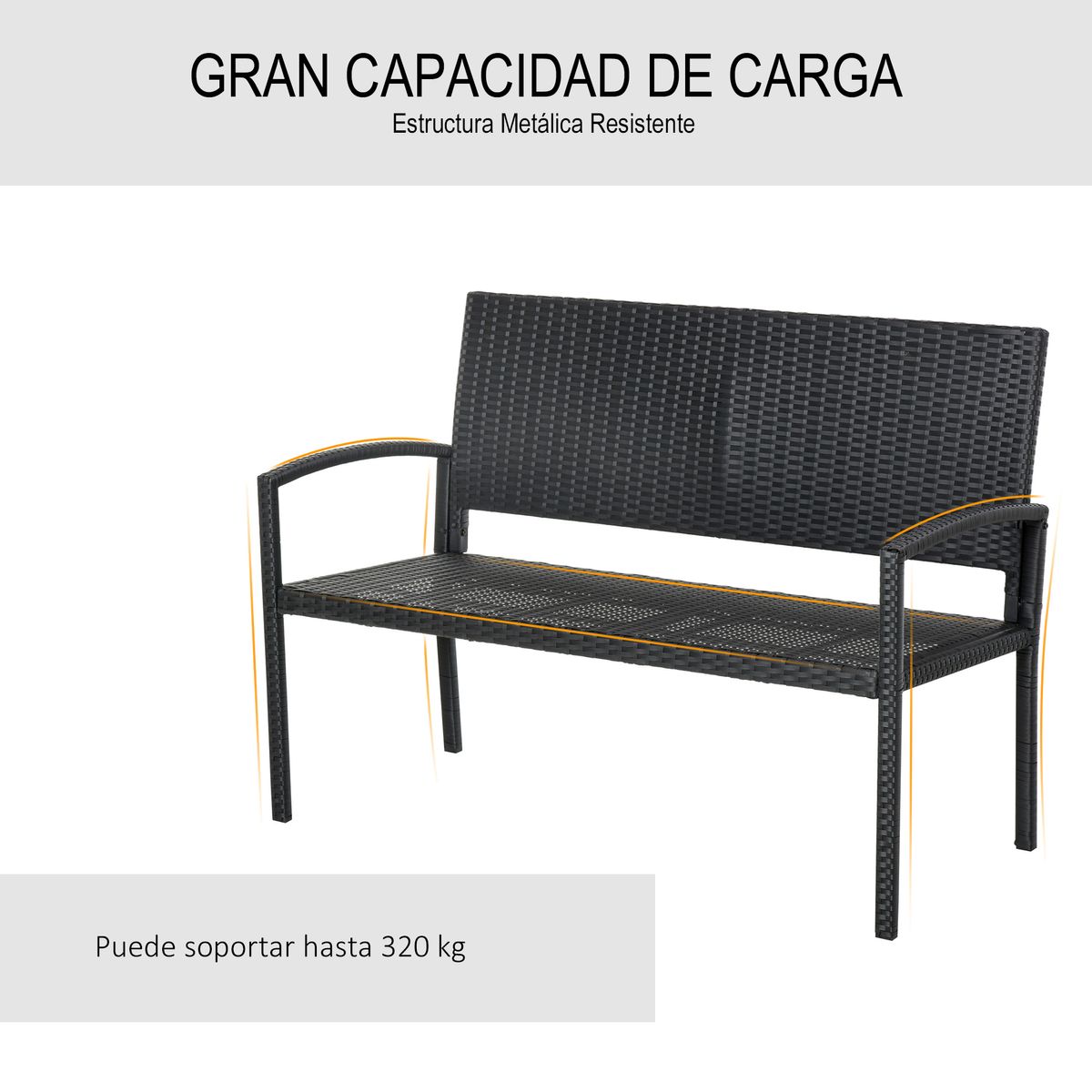Banco de jardín Lounge Outsunny 2 plazas negro 85x122x60 cm detalle web