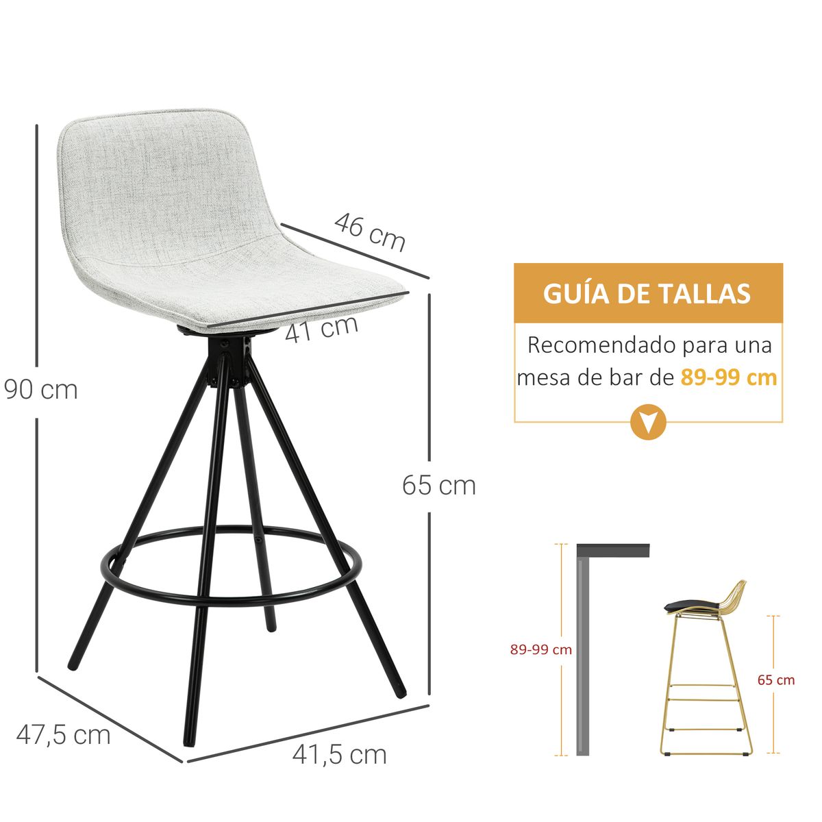 Pack de 2 taburetes altos Zenica Homcom giratorios gris claro 90x41,5x47,5 cm medidas