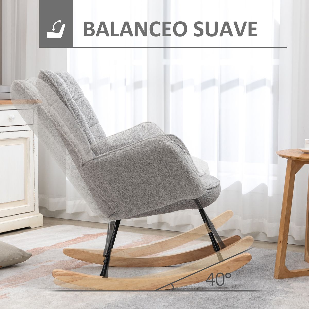 Mecedora Miko Homcom terciopelo patas de madera gris 101x71x92 cm 4