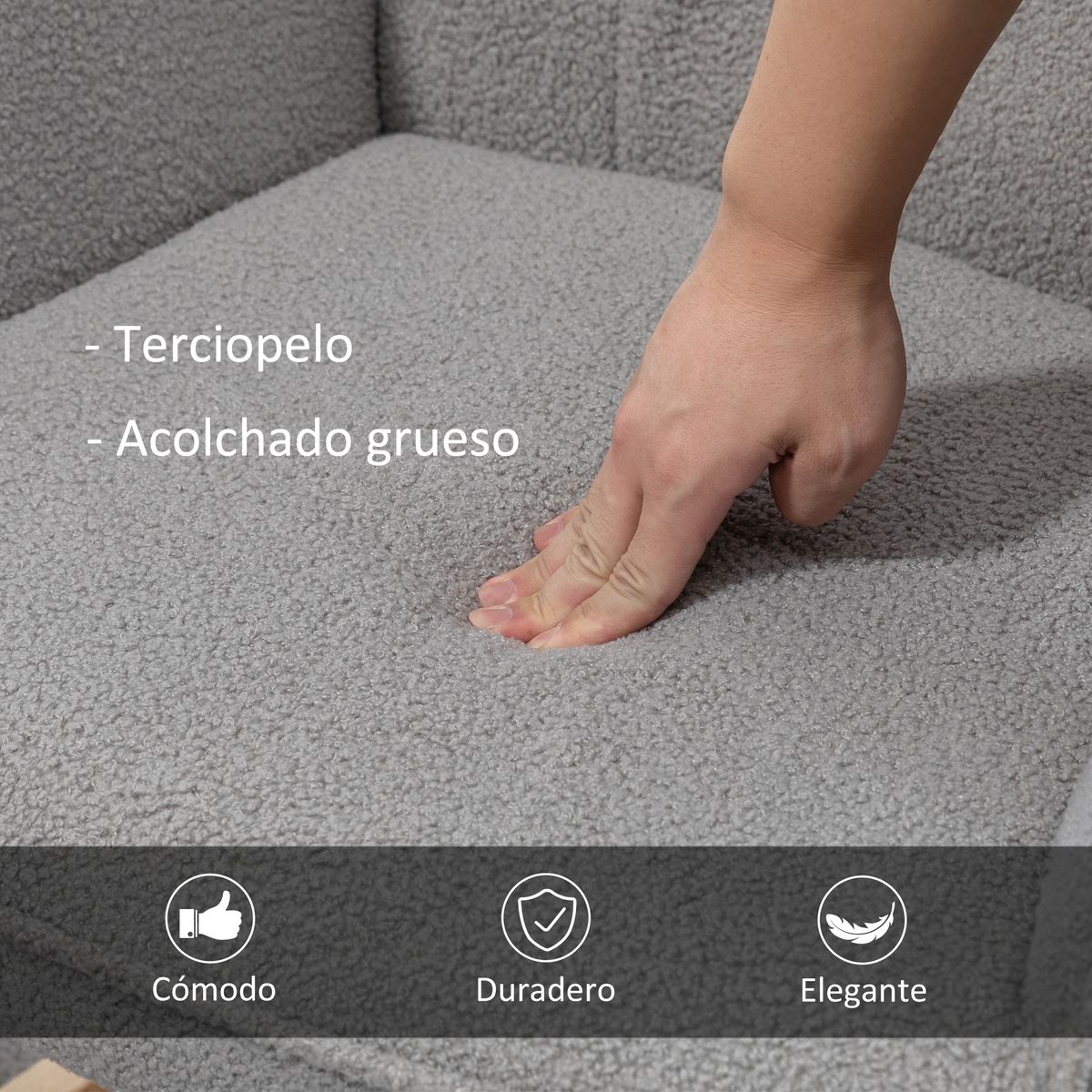 Mecedora Miko Homcom terciopelo patas de madera gris 101x71x92 cm 5