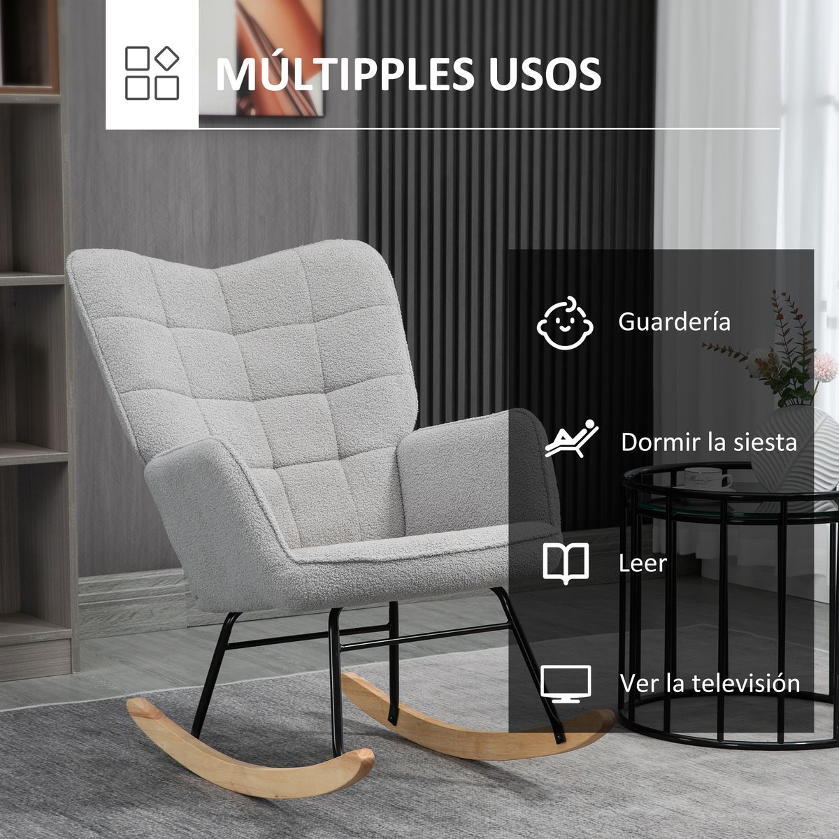 Mecedora Miko Homcom terciopelo patas de madera gris 101x71x92 cm 6