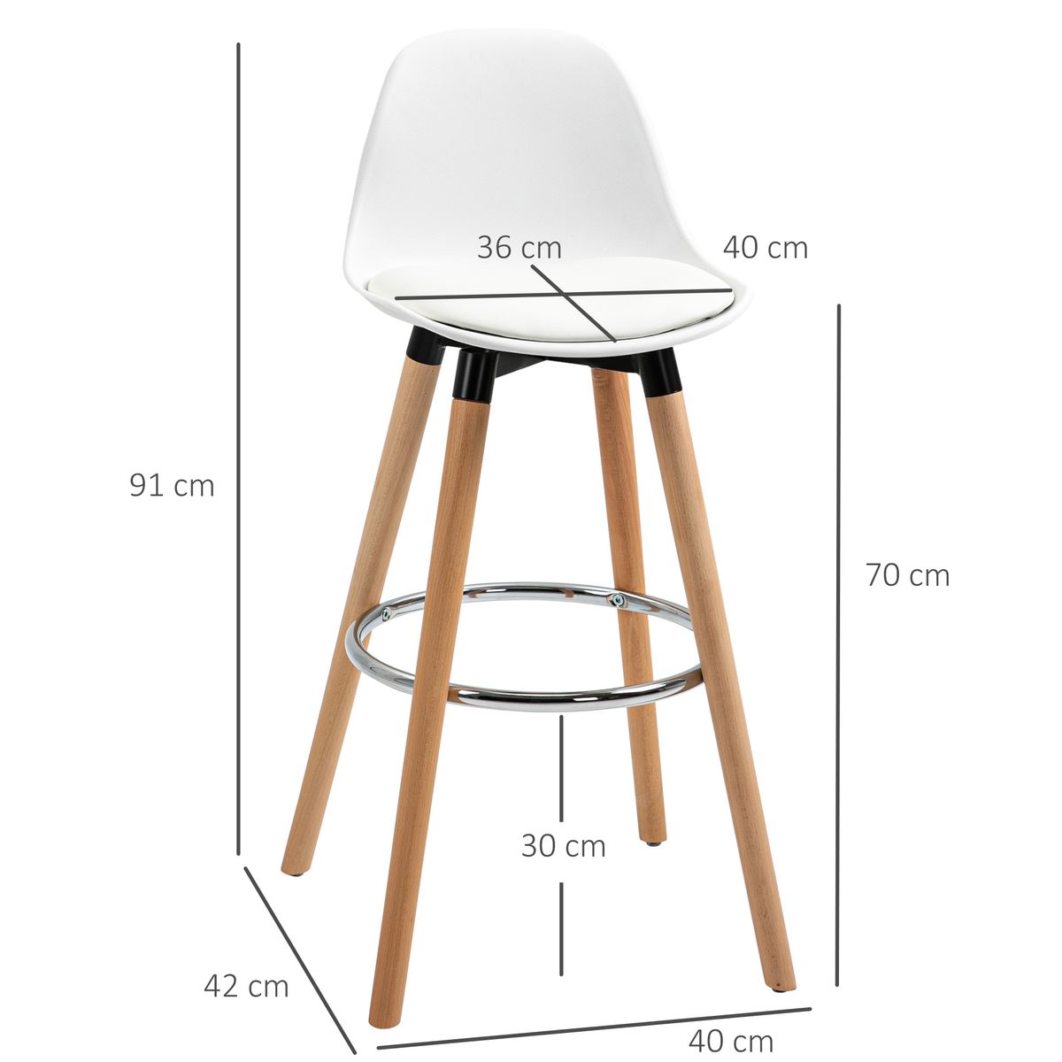 Pack de 2 taburetes altos Pernik Homcom con respaldo blanco 91x40x42 cm medidas