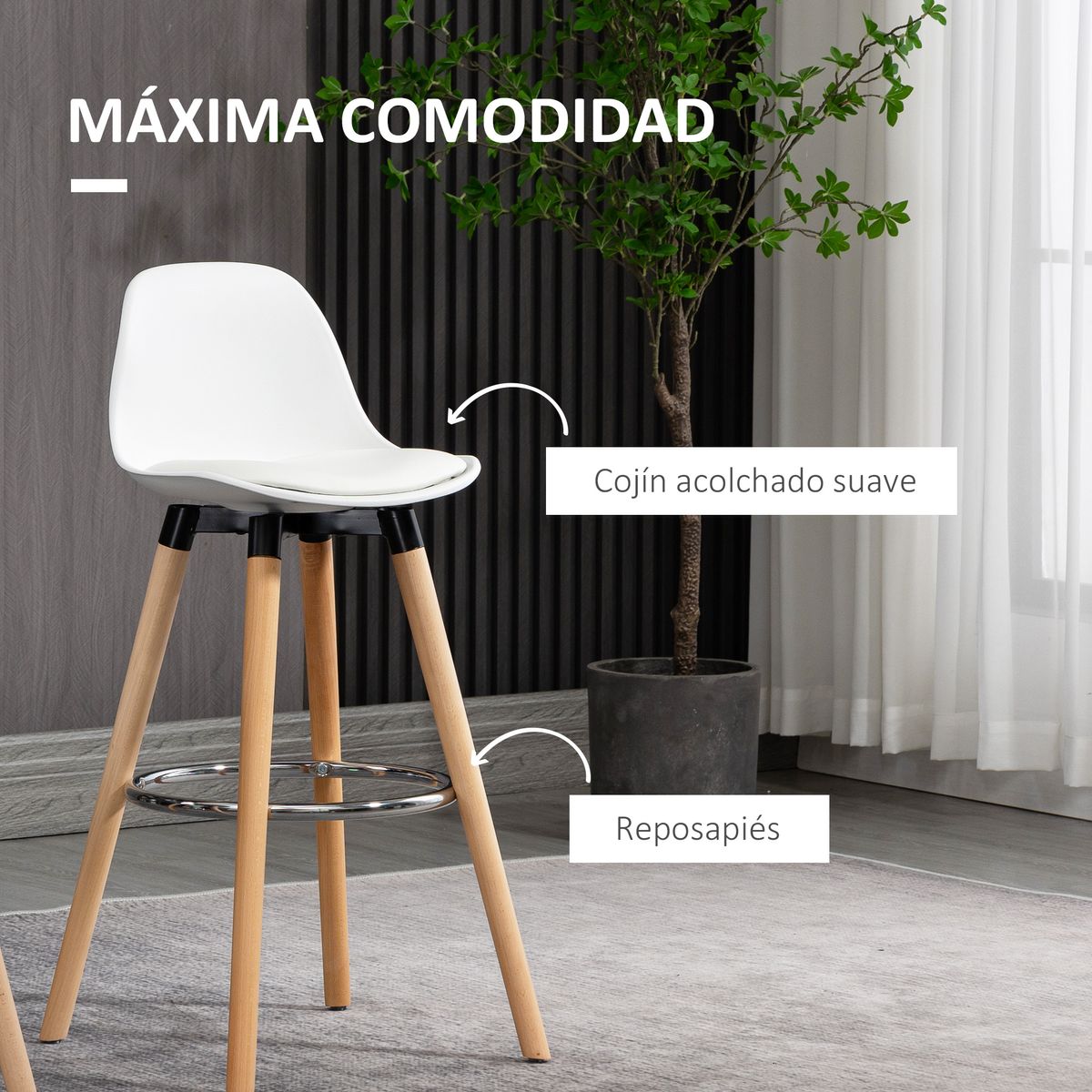 Pack de 2 taburetes altos Pernik Homcom con respaldo blanco 91x40x42 cm detalles