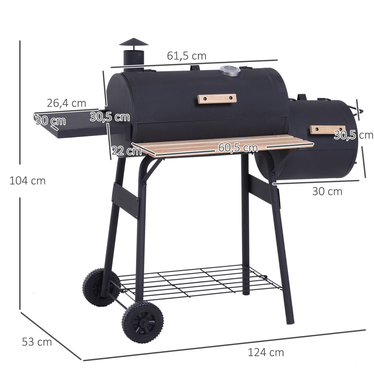 Barbacoa de carbón Outsunny 3 en 1 negro 104x124x53 cm medidas