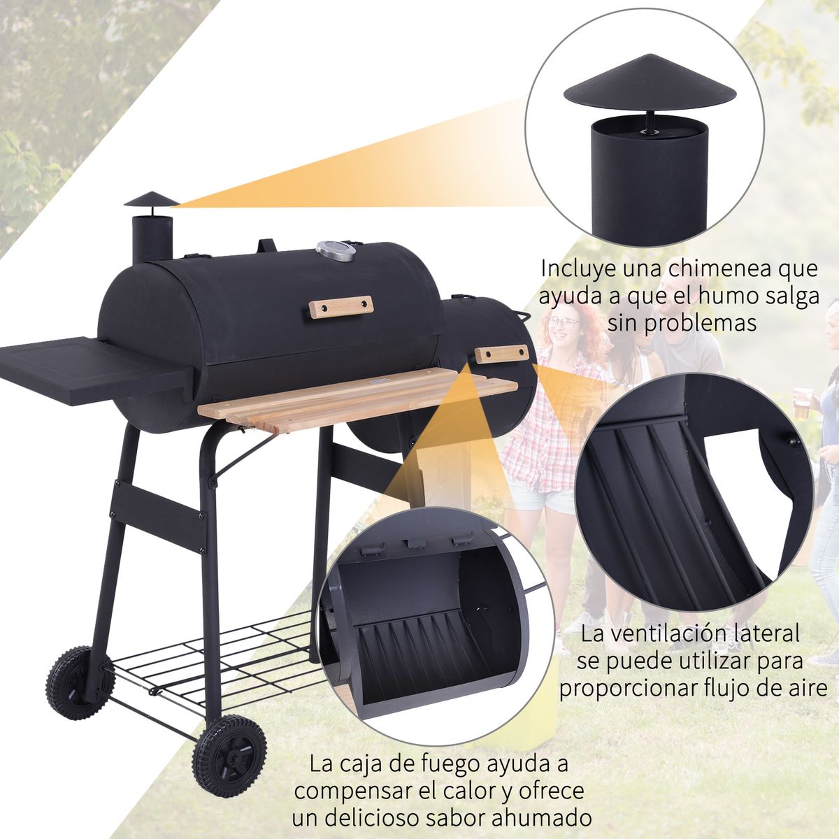 Barbacoa de carbón Outsunny 3 en 1 negro 104x124x53 cm