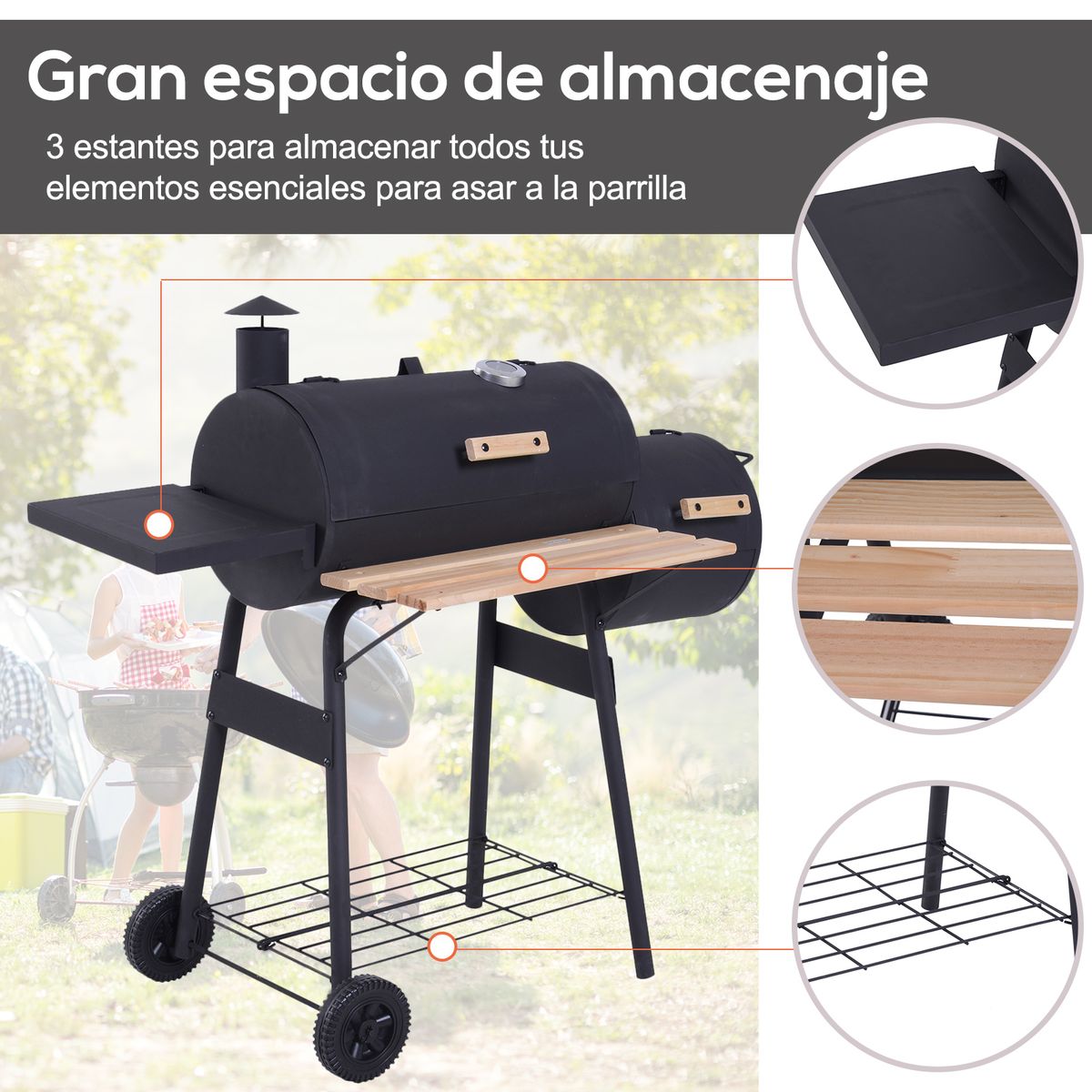 Barbacoa de carbón Outsunny 3 en 1 negro 104x124x53 cm