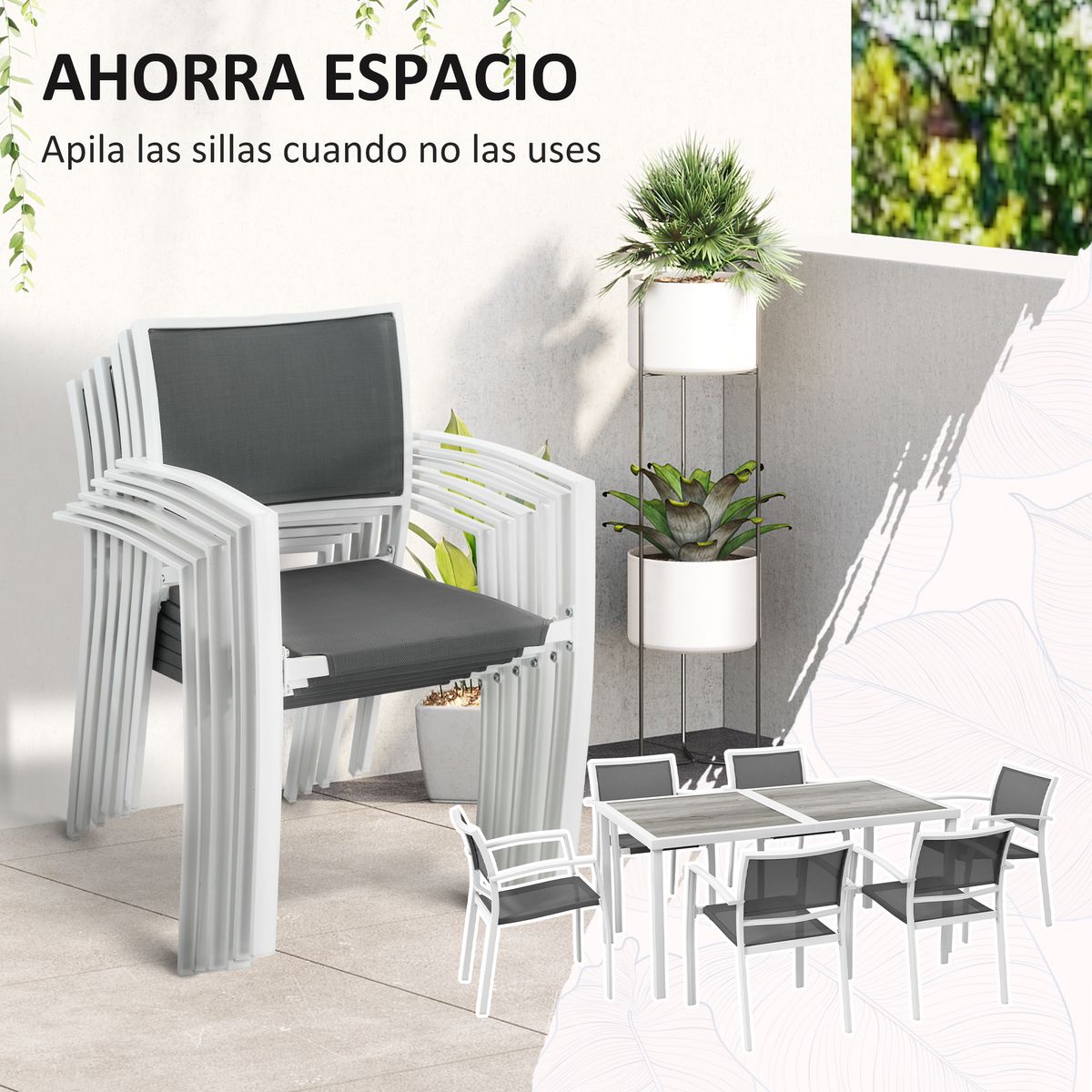 Conjunto de mesa y 6 sillas de jardín Santa Clara Outsunny gris/blanco 4
