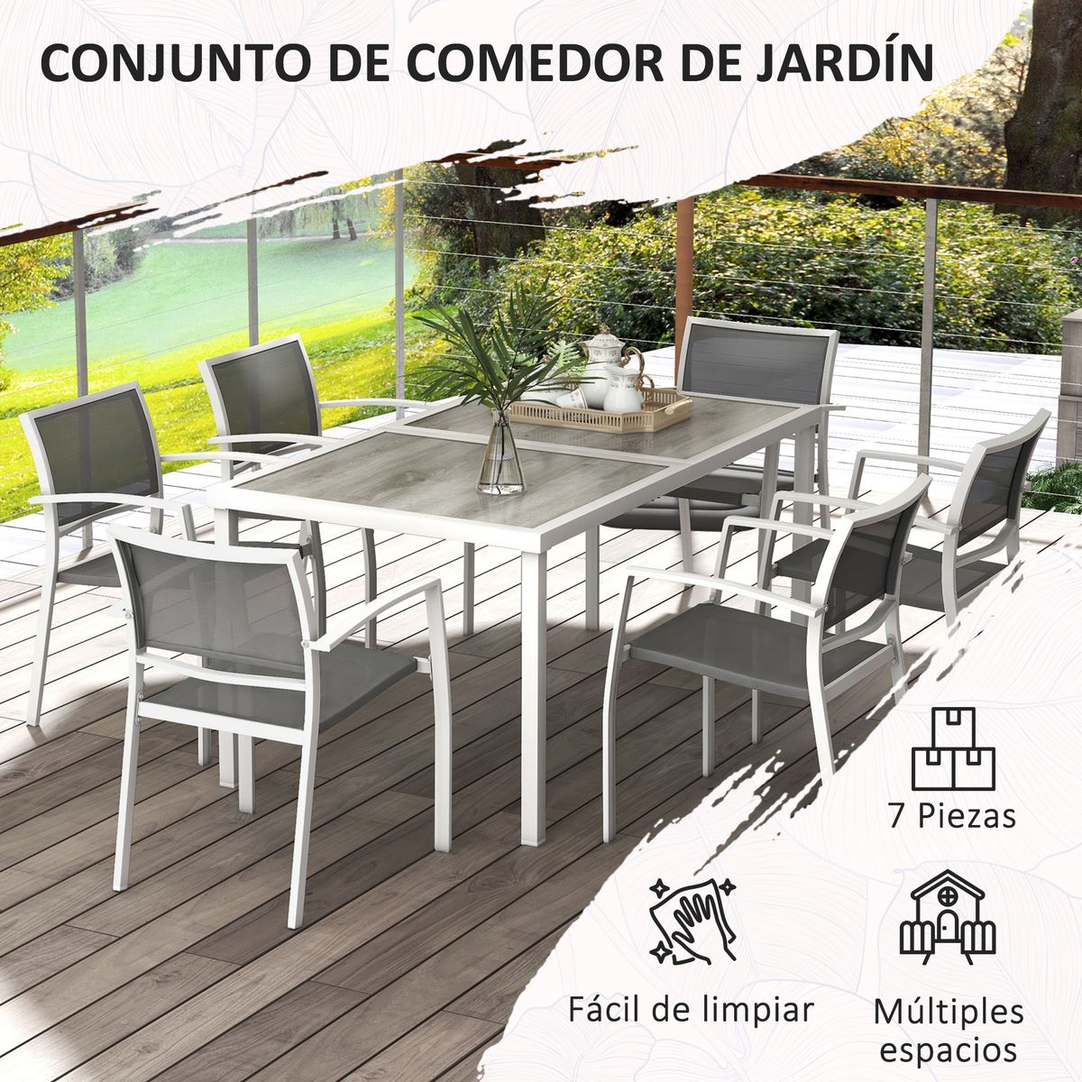 Conjunto de mesa y 6 sillas de jardín Santa Clara Outsunny gris/blanco 6