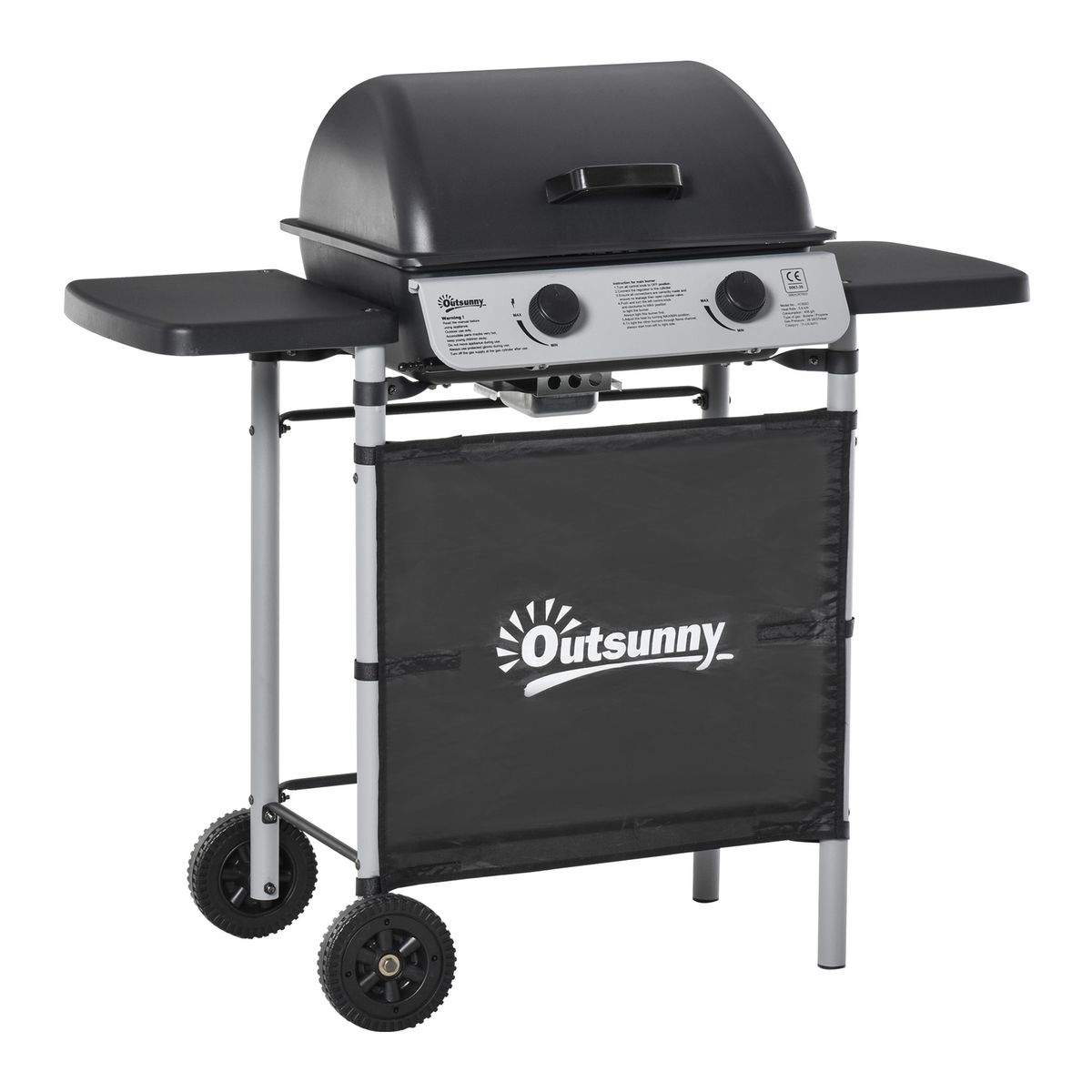 Barbacoa de gas Outsunny 2 quemadores 5,6kW con ruedas negro 99x104x49 cm fondo blanco