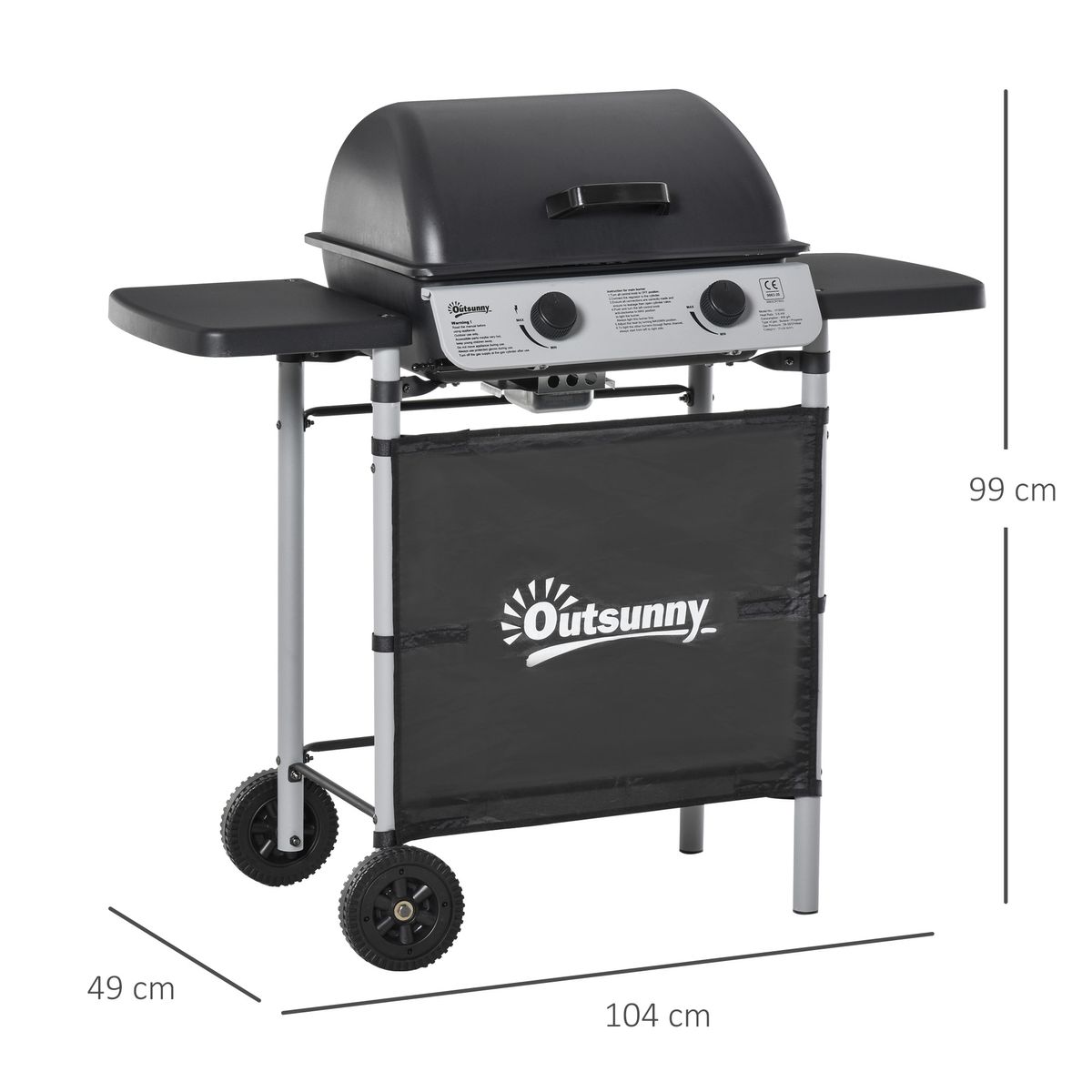 Barbacoa de gas Outsunny 2 quemadores 5,6kW con ruedas negro 99x104x49 cm medidas