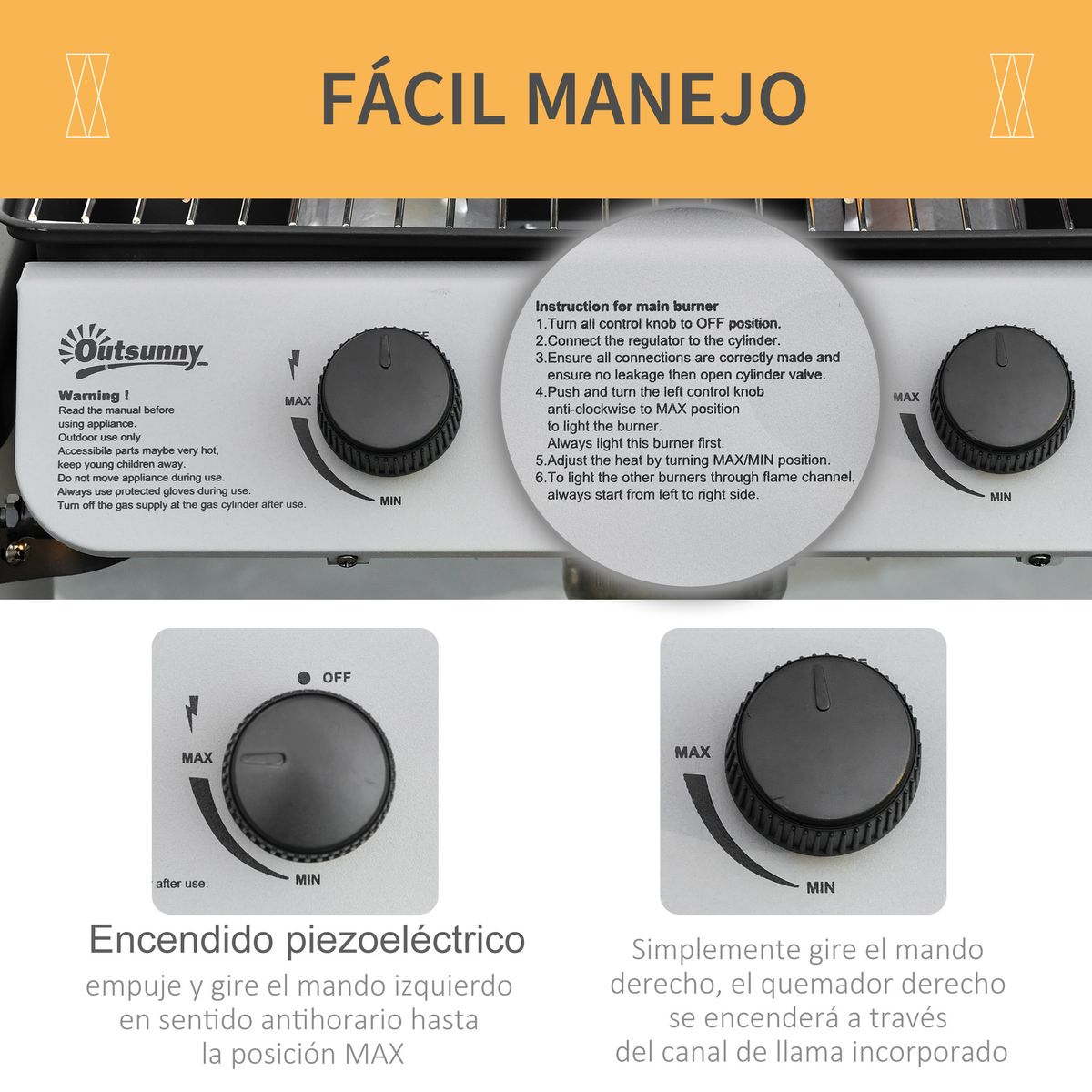 Barbacoa de gas Outsunny 2 quemadores 5,6kW con ruedas negro 99x104x49 cm