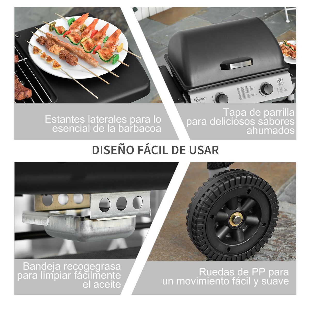 Barbacoa de gas Outsunny 2 quemadores 5,6kW con ruedas negro 99x104x49 cm