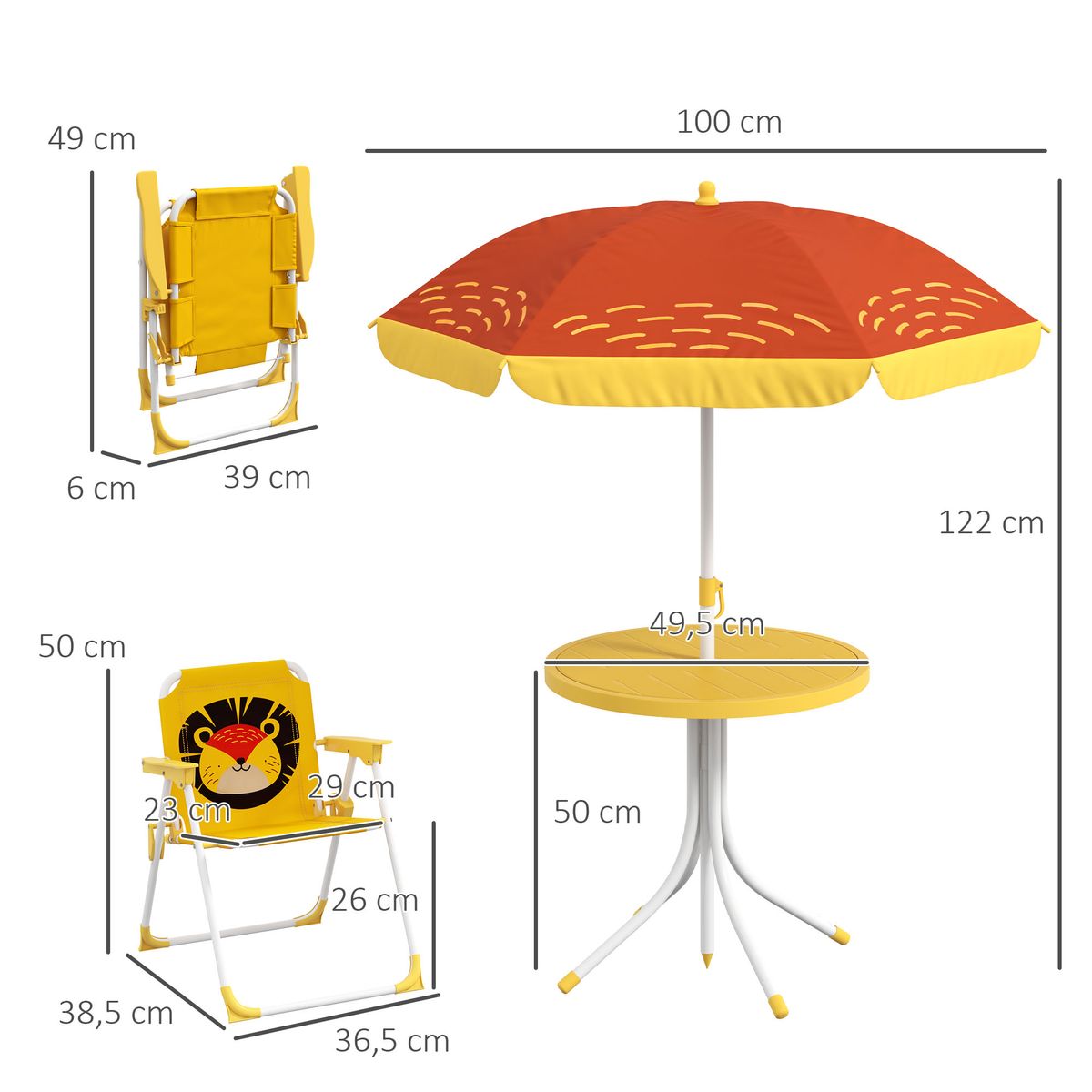 Conjunto de sombrilla + 2 sillas infantiles Lion Outsunny amarillo 3