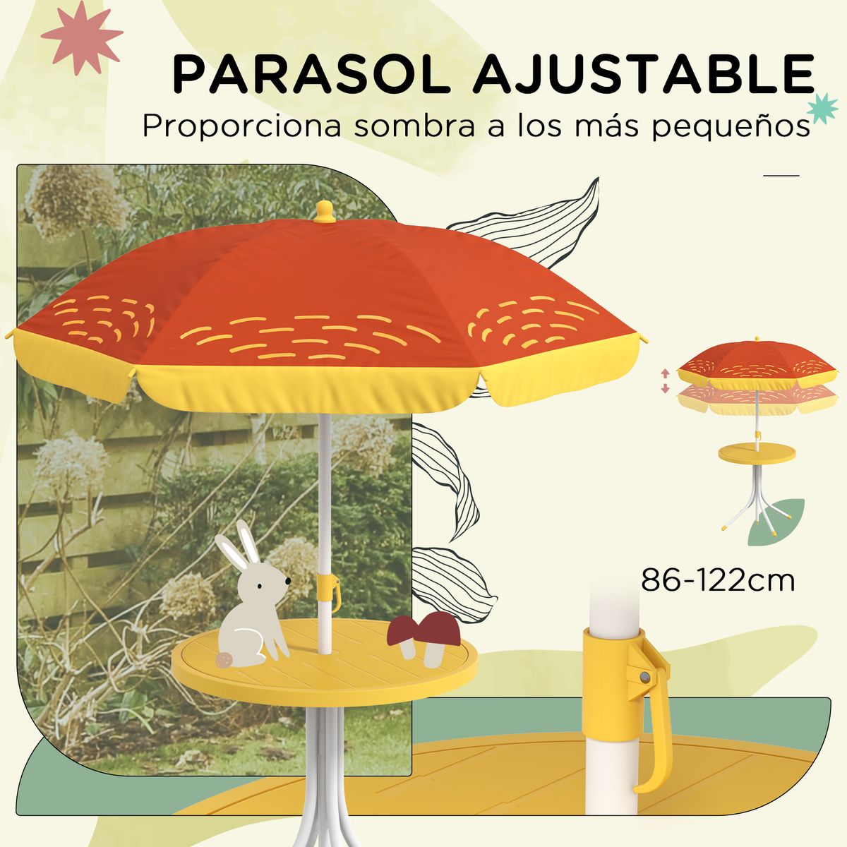 Conjunto de sombrilla + 2 sillas infantiles Lion Outsunny amarillo 5