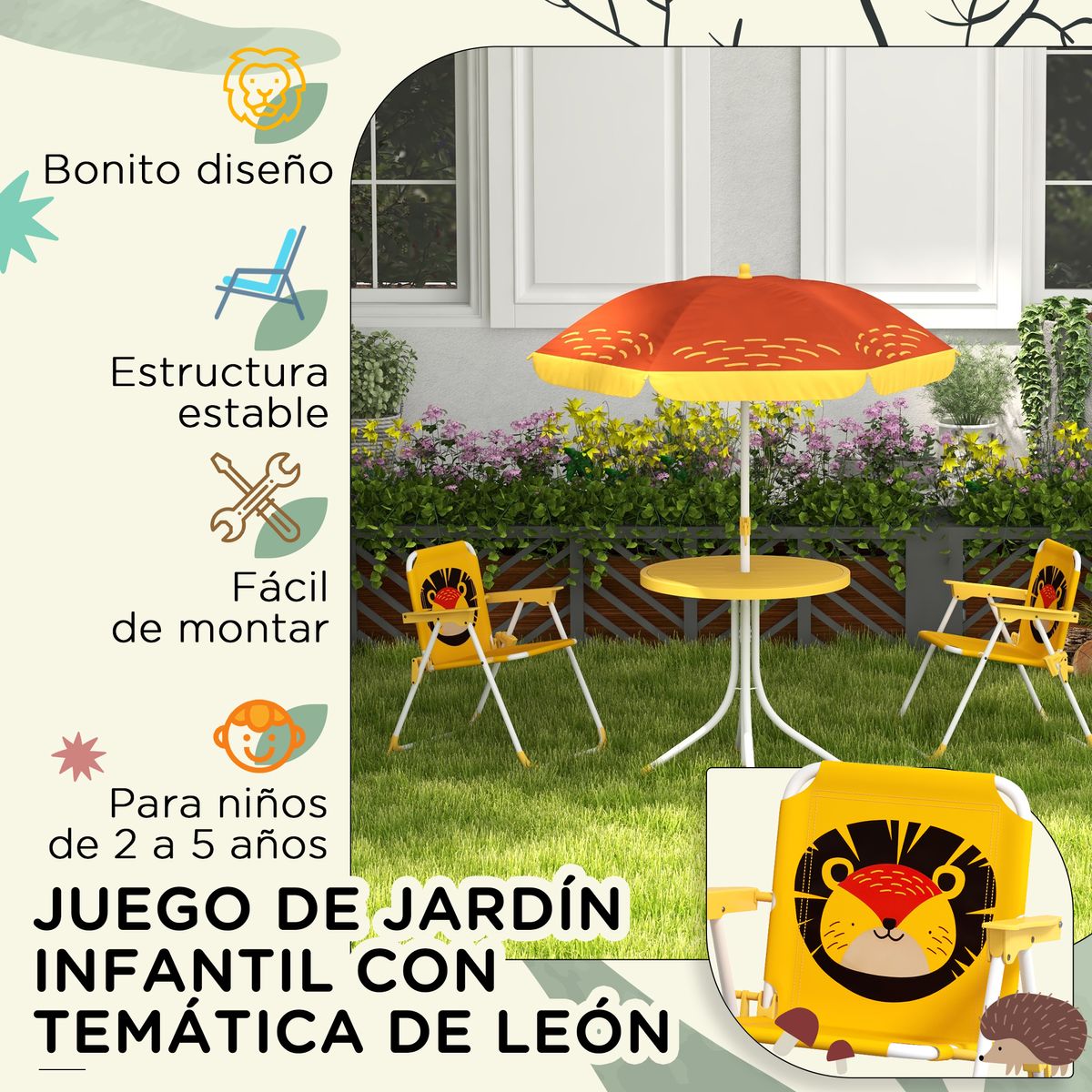 Conjunto de sombrilla + 2 sillas infantiles Lion Outsunny amarillo 6