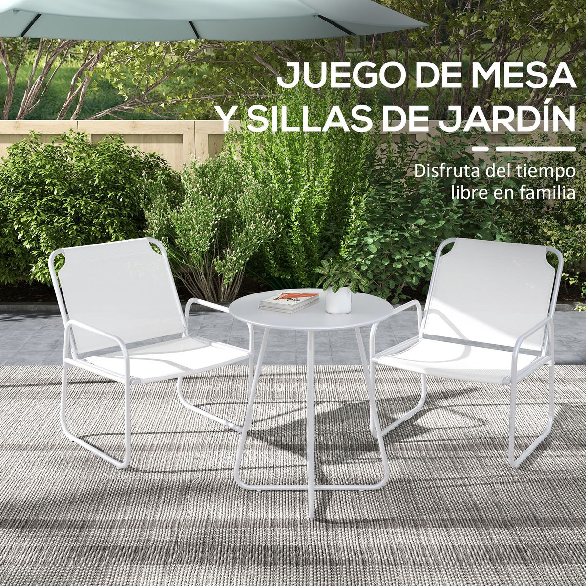 Conjunto de jardín Vega Baja Outsunny 2 sillas + 1 mesa blanco 5