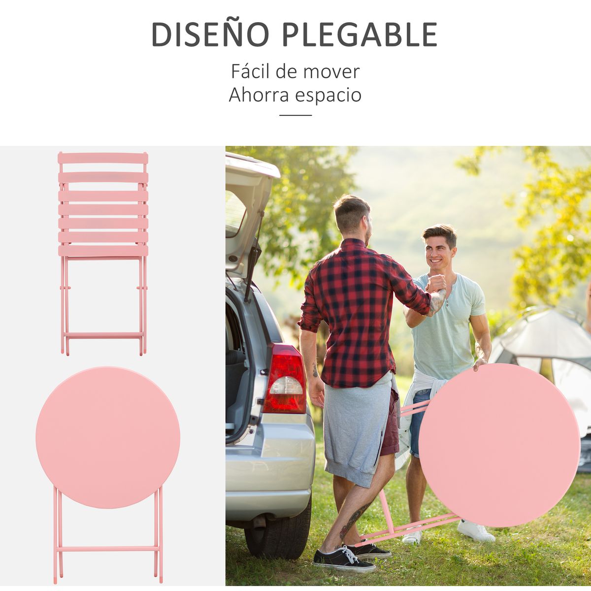 Conjunto de jardín Trópico Outsunny mesa + 2 sillas plegables rosa web