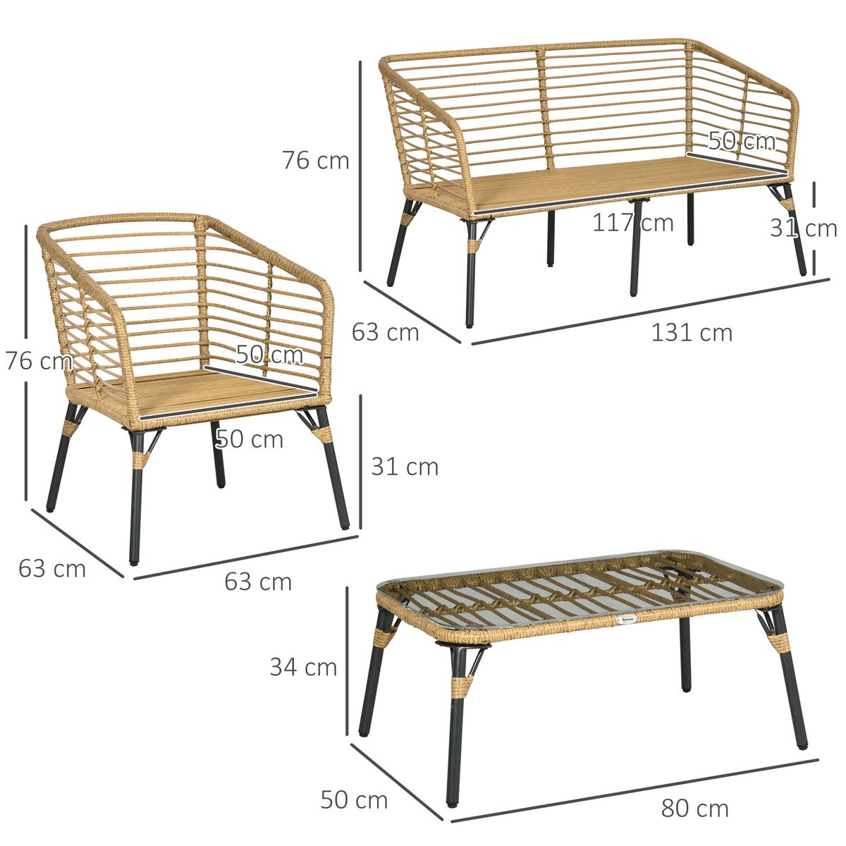 Conjunto de jardín Faro Outsunny sofá + 2 sillas + mesa natural/gris medidas