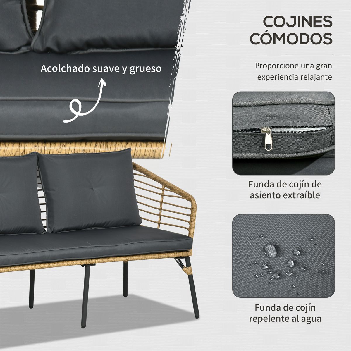Conjunto de jardín Faro Outsunny sofá + 2 sillas + mesa natural/gris