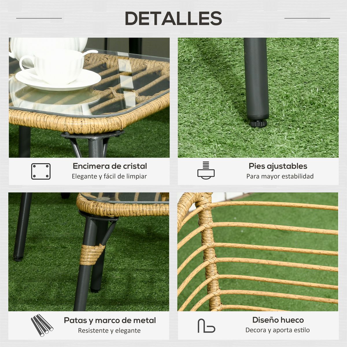 Conjunto de jardín Faro Outsunny sofá + 2 sillas + mesa natural/gris