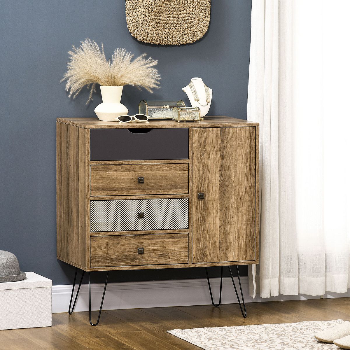 Cómoda Aveiro Homcom 4 cajones + armario marrón 86x79x39 cm animada