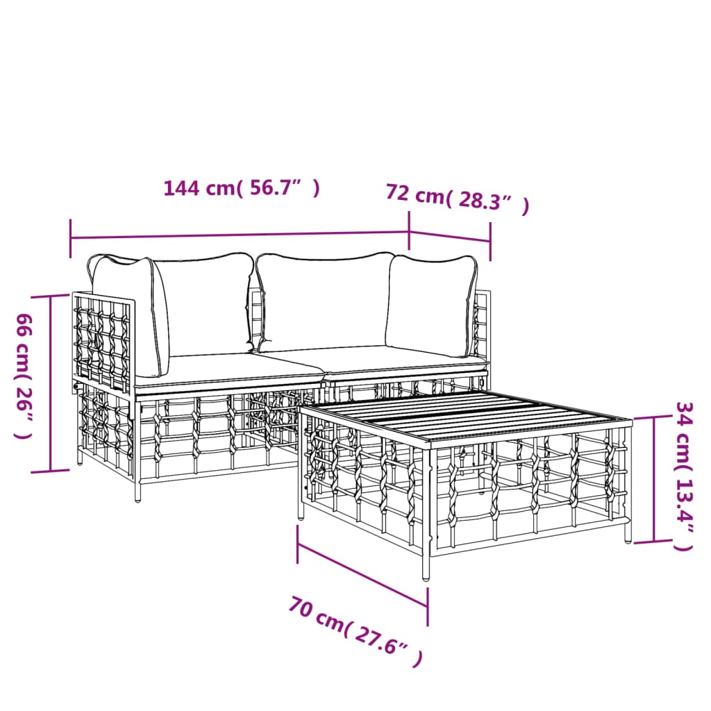 Conjunto de jardín Laos 2 sillones + mesa gris  medidas