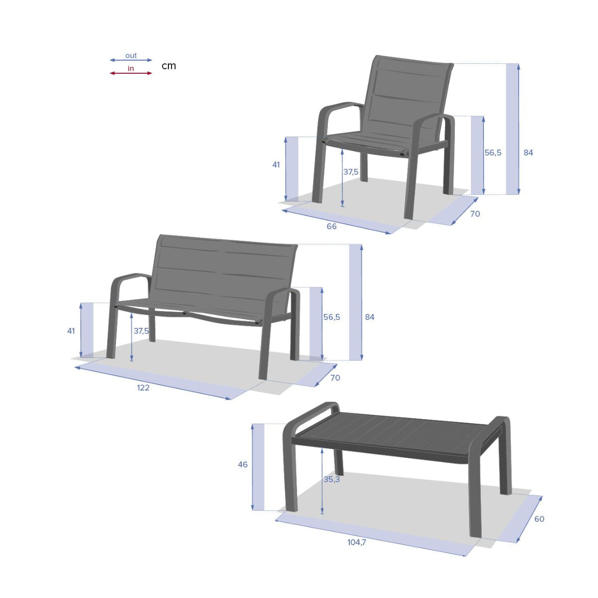 Conjunto-de-jardin-Elyn-sofa---2-sillas---mesa-aluminio-marron-blanco-medidas