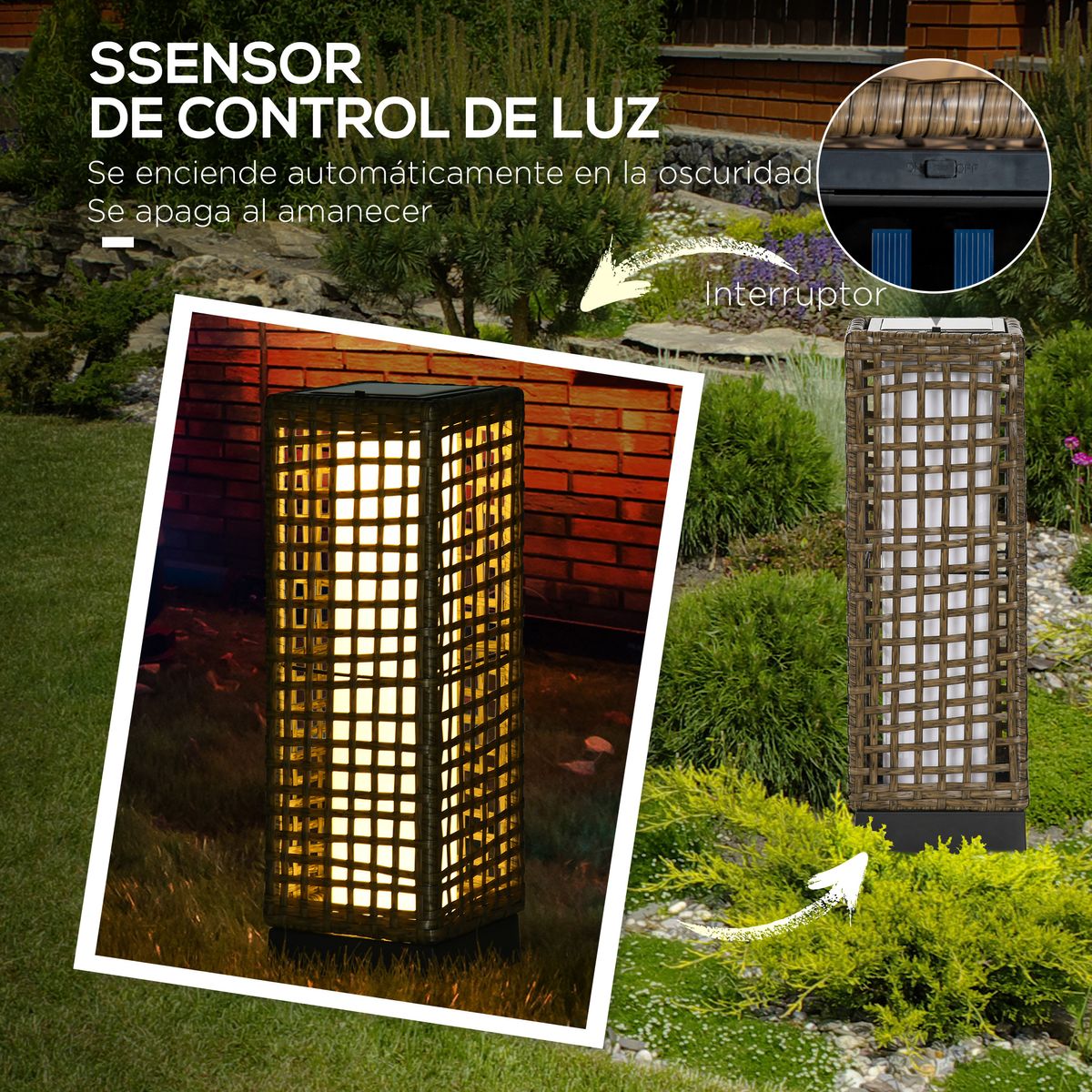 Lámpara solar Hawai Outsunny luces LED exterior marrón 46x15,5x15,5 cm