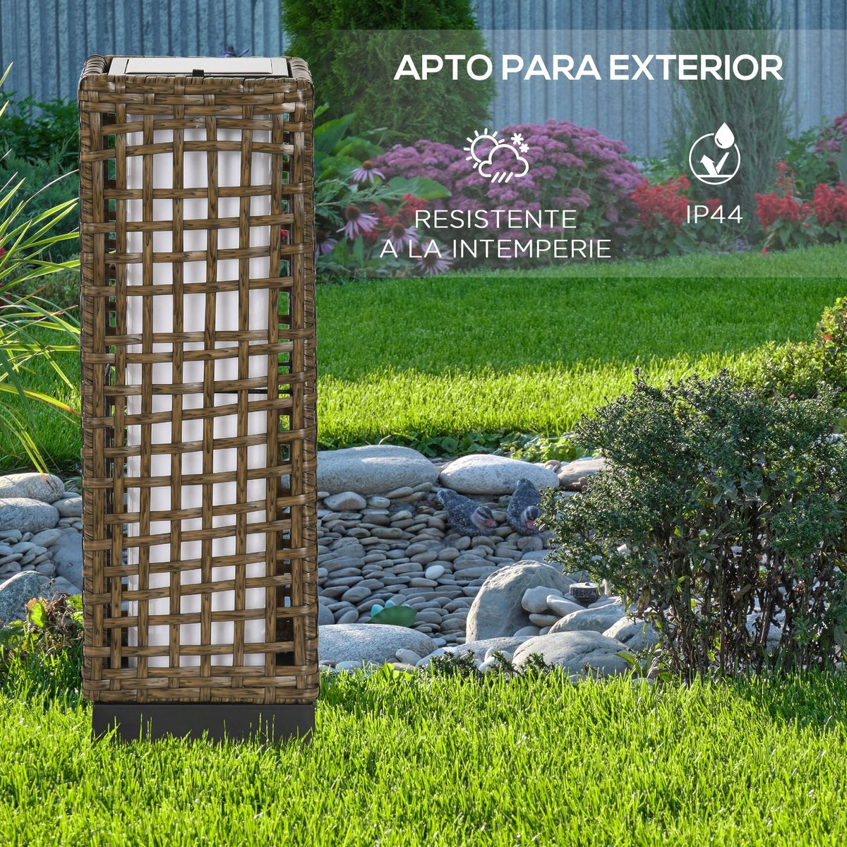 Lámpara solar Hawai Outsunny luces LED exterior marrón 46x15,5x15,5 cm