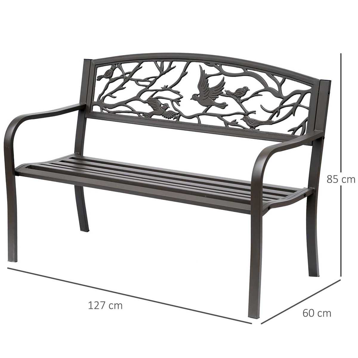 Banco de jardín Road Outsunny respaldo + reposabrazos marrón 240kg 85x127x60 cm medidas