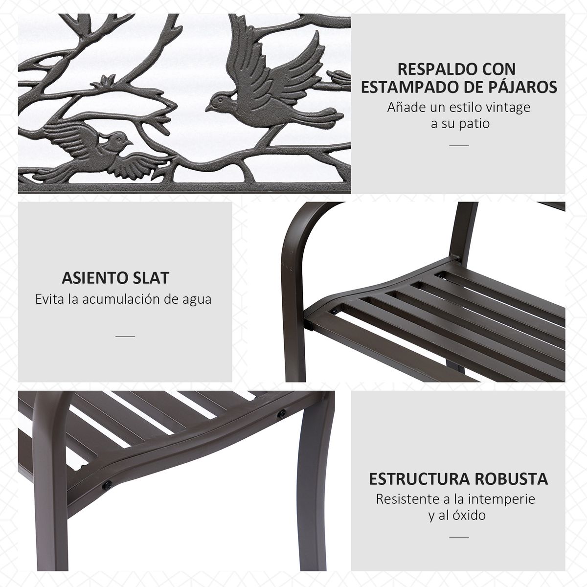 Banco de jardín Road Outsunny respaldo + reposabrazos marrón 240kg 85x127x60 cm detalles