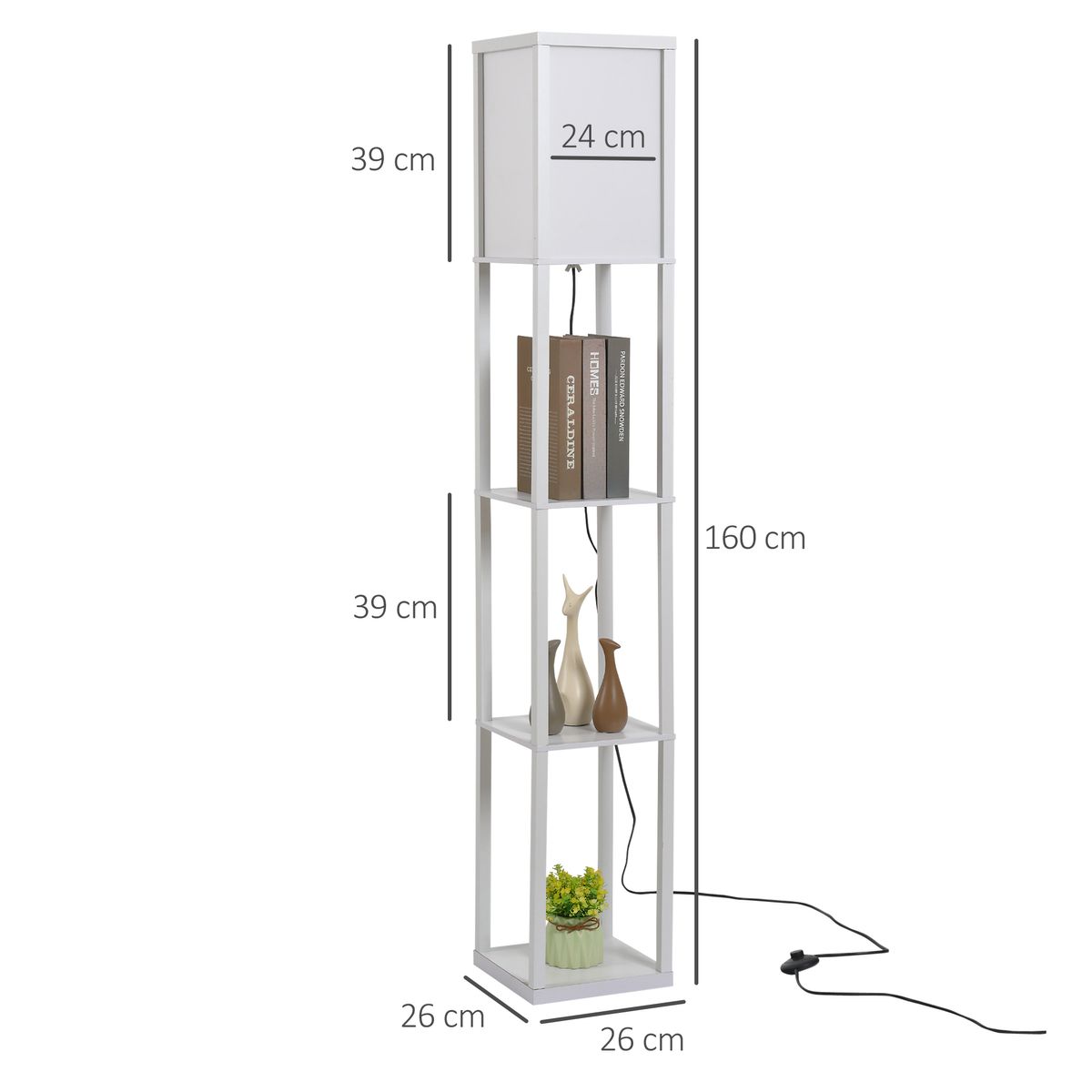 Lámpara de pie Kasama Homcom con 3 estantes blanco 160x26x26 cm medidas