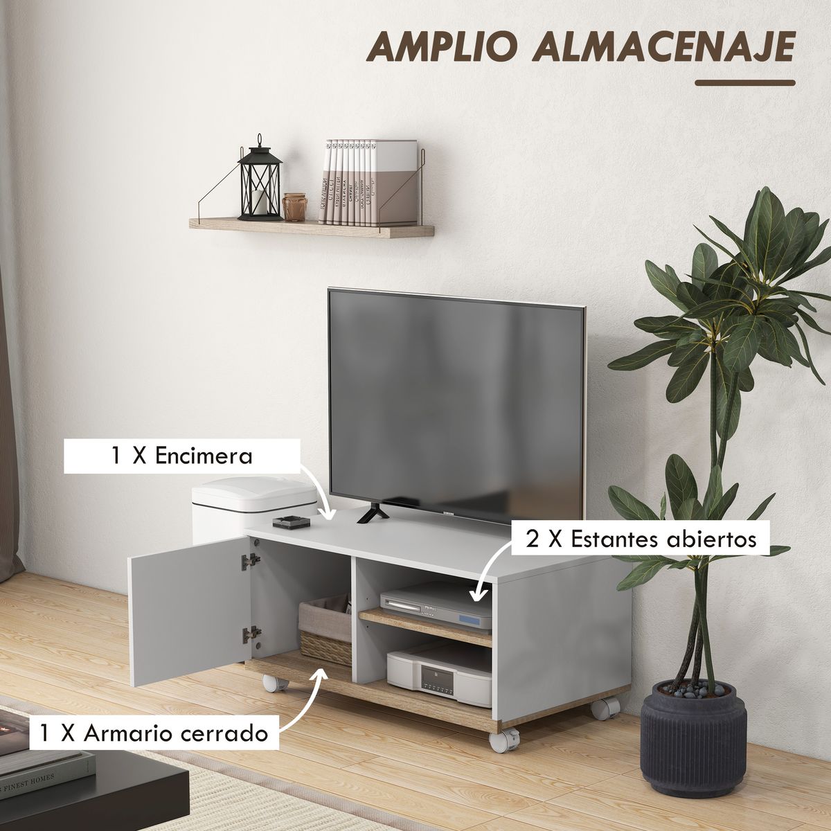 Mueble de TV Okami Homcom armario + 2 estantes + 4 ruedas blanco 39,5x80x45 cm