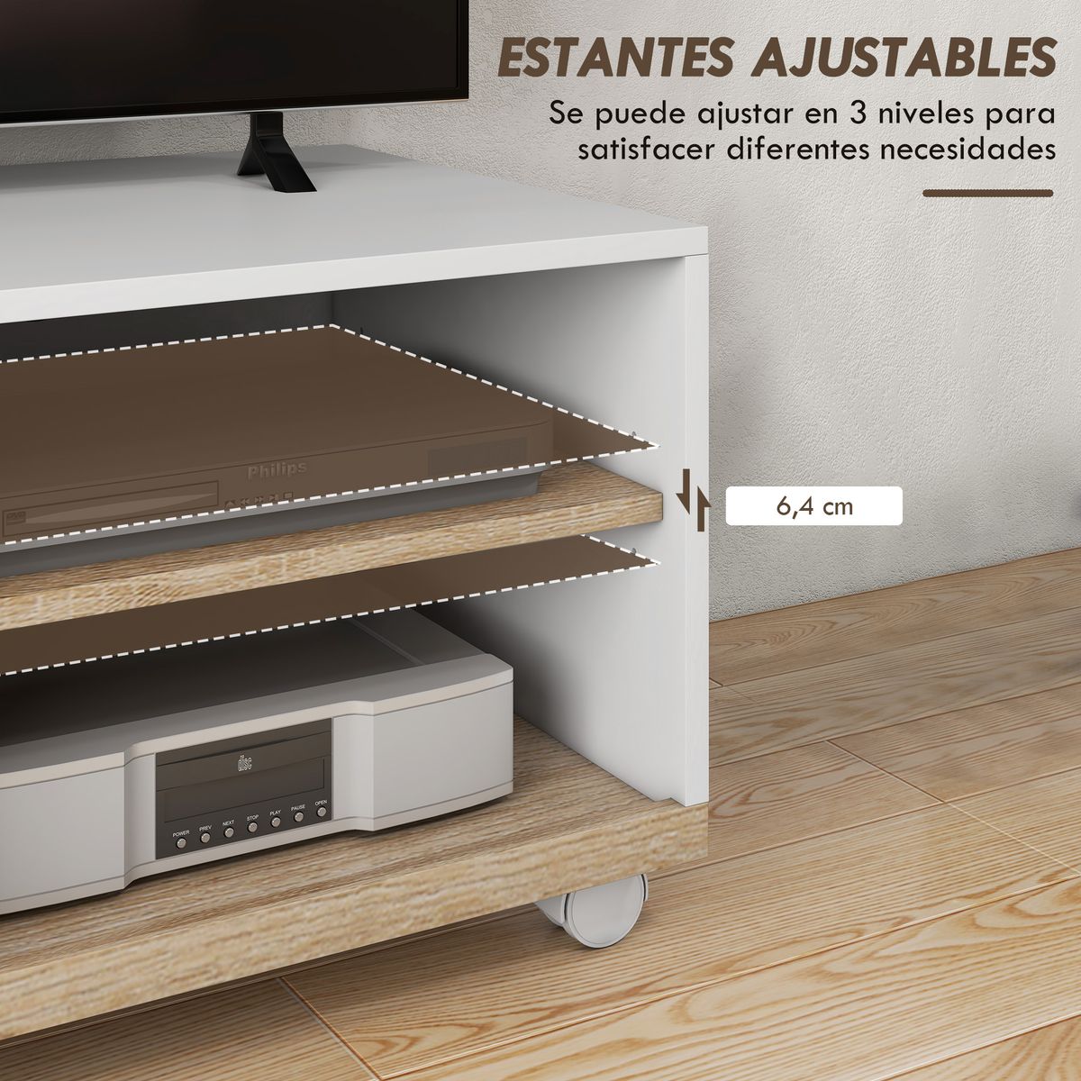 Mueble de TV Okami Homcom armario + 2 estantes + 4 ruedas blanco 39,5x80x45 cm