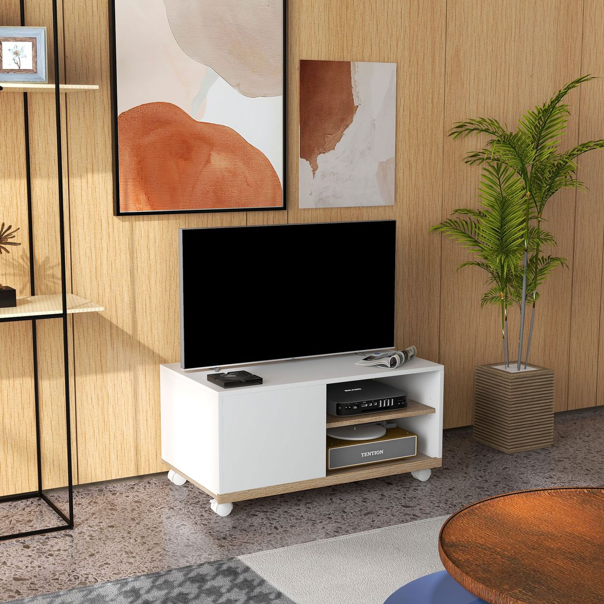 Mueble de TV Okami Homcom armario + 2 estantes + 4 ruedas blanco 39,5x80x45 cm animada