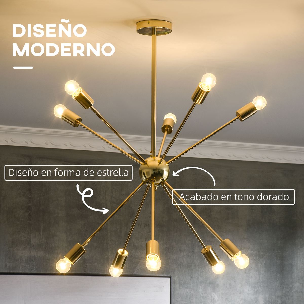 Lámpara de techo Destello Homcom 10 bombillas dorado 74x65x65 cm animada