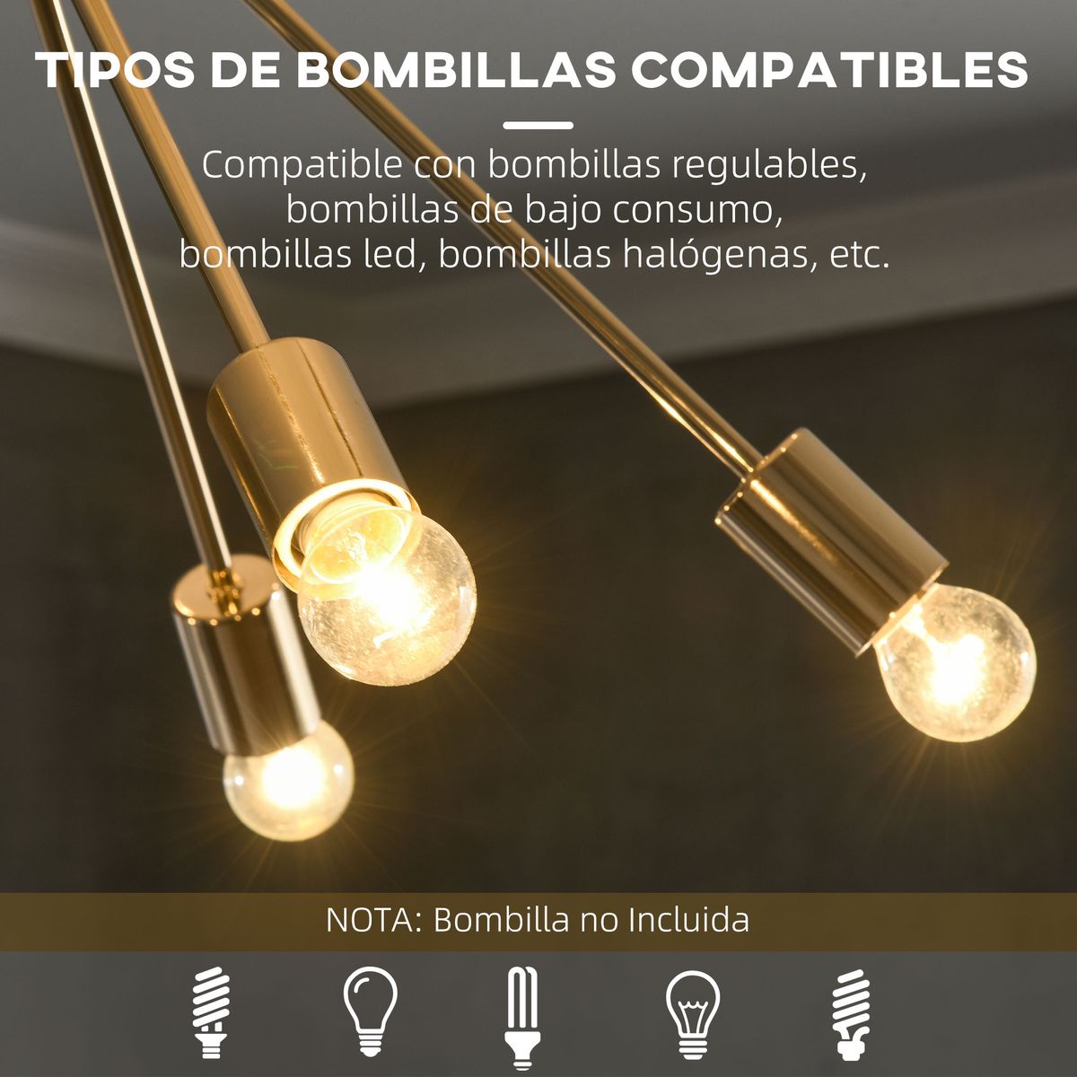 Lámpara de techo Destello Homcom 10 bombillas dorado 74x65x65 cm  detalle