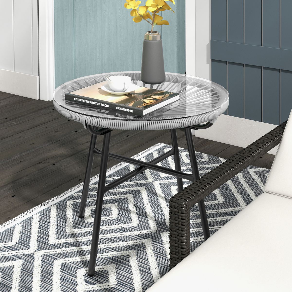 Mesa auxiliar Mokh Outsunny encimera vidrio gris Ø50x50 cm