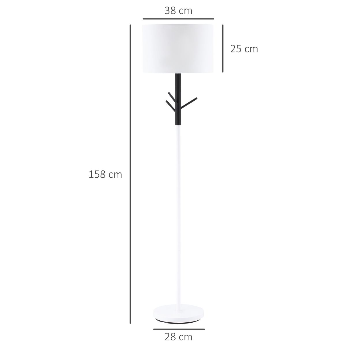 Lámpara de pie Polonia Homcom 3 ganchos blanco Ø38x158 cm medidas